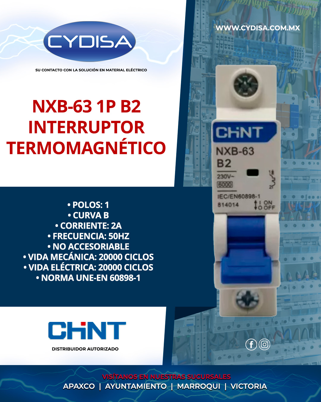 Interruptor termomagnético NXB-63 1P B2 de Chint.

Polos 1, curva B, corriente 2A, frecuencia 50HZ, no accesoriable, vida mecánica 20000 ciclos, vida eléctrica 20000 ciclos, norma UNE-EN 60898-1

¡Pregunta a tu vendedor por la mejor opción para tu proyecto!

📍Apaxco
WhatsApp 5570110666 | 5561336880

📍Ayuntamiento
WhatsApp 5560674009

📍Marroqui
WhatsApp 5569610097 | 5620936028 | 5578845557 | 5643542602

📍Victoria
WhatsApp 5569620781 | 5563585987 | 5530733850 | 5652049899

#chint #chintmexico #materialelectrico #interruptortermomagnético #interruptortermomagnéticochint