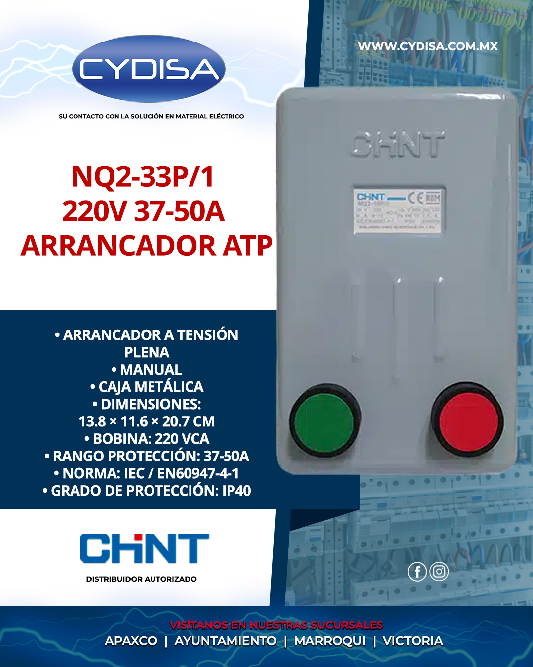 Arrancador ATP NQ2-33P/1 220V 37-50A de Chint.

Arrancador a tensión plena, manual, caja metálica, dimensiones, 13.8x11.6x20.7 cm, bobina 220 VCA, rango de protección 37-50A, norma IEC/EN60947-4-1, grado de protección IP40.

¡Disponible en nuestras cuatro sucursales!

📍Apaxco
WhatsApp 5570110666 | 5561336880

📍Ayuntamiento
WhatsApp 5560674009

📍Marroqui
WhatsApp 5569610097 | 5620936028 | 5578845557 | 5643542602

📍Victoria
WhatsApp 5569620781 | 5563585987 | 5530733850 | 5652049899

#chint #chintmexico #materialelectrico #arrancadoratp #arrancadoratpchint