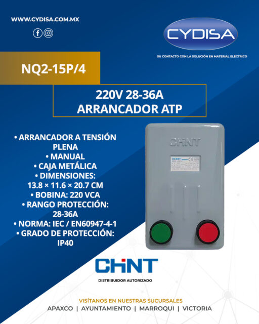 Arrancador ATP NQ2-15P/4 220V 28-36A de Chint.

Arrancador a tensión plena, manual, caja metálica, dimensiones, 13.8x11.6x20.7 cm, bobina 220 VCA, rango de protección 28-36A, norma IEC/EN60947-4-1, grado de protección IP40.

¡Encuéntralo en Cydisa!

📍Apaxco
WhatsApp 5570110666 | 5561336880

📍Ayuntamiento
WhatsApp 5560674009

📍Marroqui
WhatsApp 5569610097 | 5620936028 | 5578845557 | 5643542602

📍Victoria
WhatsApp 5569620781 | 5563585987 | 5530733850 | 5652049899

#chint #chintmexico #materialelectrico #arrancadoratp #arrancadoratpchint
