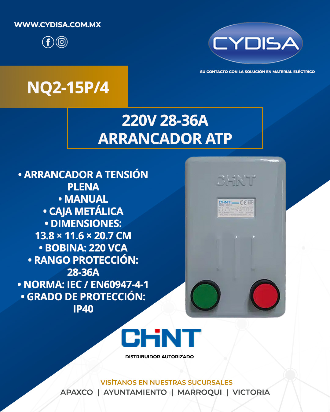 Arrancador ATP NQ2-15P/4 220V 28-36A de Chint.

Arrancador a tensión plena, manual, caja metálica, dimensiones, 13.8x11.6x20.7 cm, bobina 220 VCA, rango de protección 28-36A, norma IEC/EN60947-4-1, grado de protección IP40.

¡Encuéntralo en Cydisa!

📍Apaxco
WhatsApp 5570110666 | 5561336880

📍Ayuntamiento
WhatsApp 5560674009

📍Marroqui
WhatsApp 5569610097 | 5620936028 | 5578845557 | 5643542602

📍Victoria
WhatsApp 5569620781 | 5563585987 | 5530733850 | 5652049899

#chint #chintmexico #materialelectrico #arrancadoratp #arrancadoratpchint
