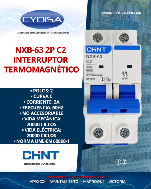 Interruptor termomagnético NXB-63 2P C2 de Chint.

Polos 2, curva C, corriente 2A, frecuencia 50HZ, no accesoriable, vida mecánica 20000 ciclos, vida eléctrica 20000 ciclos, norma UNE-EN 60898-1

¡Disponible en nuestras cuatro sucursales!

📍Apaxco
WhatsApp 5570110666 | 5561336880

📍Ayuntamiento
WhatsApp 5560674009

📍Marroqui
WhatsApp 5569610097 | 5620936028 | 5578845557 | 5643542602

📍Victoria
WhatsApp 5569620781 | 5563585987 | 5530733850 | 5652049899

#chint #chintmexico #materialelectrico #interruptortermomagnético #interruptortermomagnéticochint