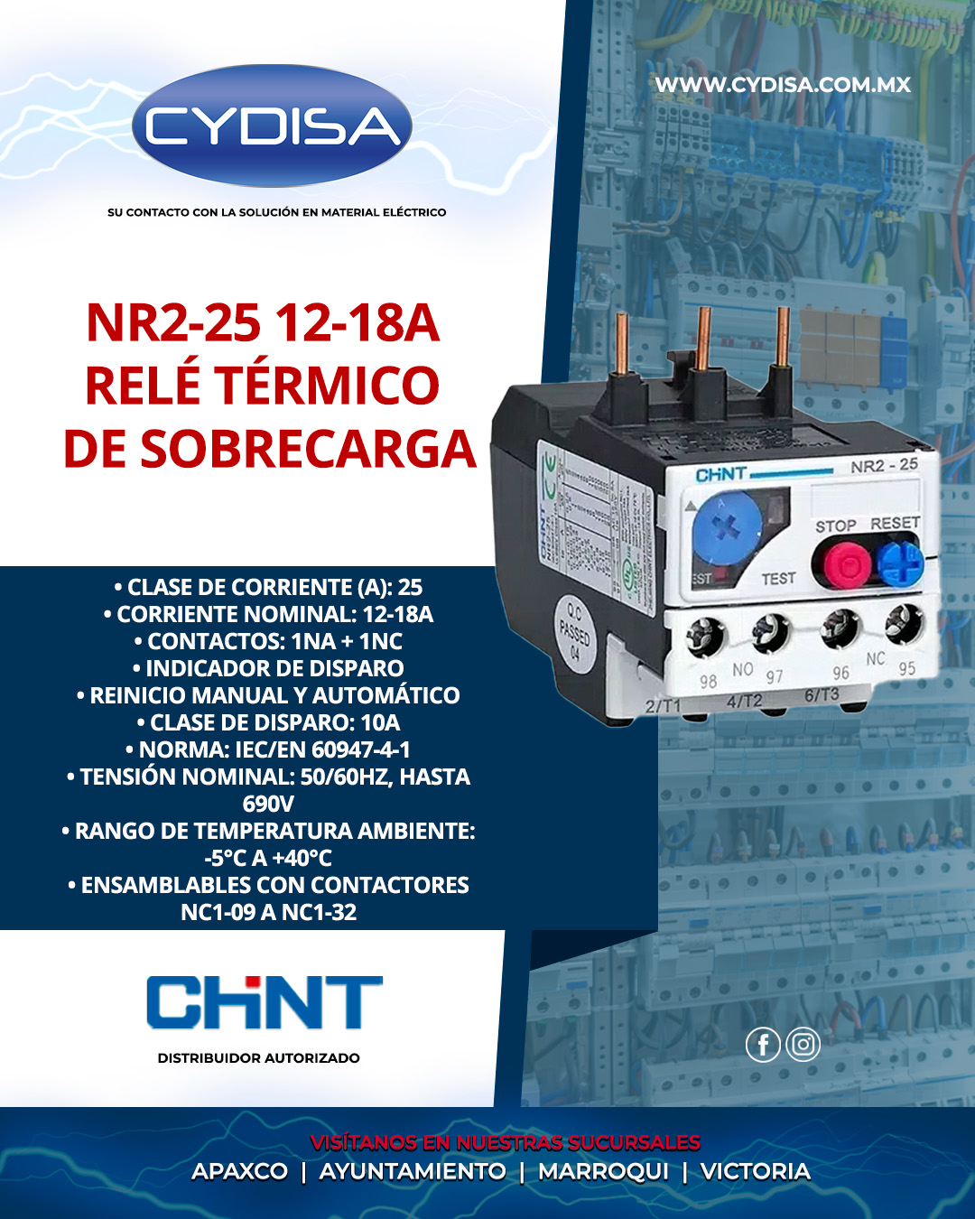 Relé térmico de sobrecarga NR2-25 12-18A de Chint.

Clase de corriente 25A, corriente nominal: 12-18A, contactos 1NA + 1NC, indicador de disparo, reinicio manual y automático, clase de disparo 10A • norma: IEC/EN 60947-4-1, tensión nominal: 50/60HZ, hasta 690V, rango de temperatura ambiente: -5°C a +40°C, ensamblables con contactores NC1-09 a NC1-32 para obtener un guardamotor.

¡Disponible en Cydisa!

📍Apaxco
WhatsApp 5570110666 | 5561336880

📍Ayuntamiento
WhatsApp 5560674009

📍Marroqui
WhatsApp 5569610097 | 5620936028 | 5578845557 | 5643542602

📍Victoria
WhatsApp 5569620781 | 5563585987 | 5530733850 | 5652049899

#chint #chintmexico #materialelectrico #reledesobrecargatermica #reledesobrecargatermicachint
