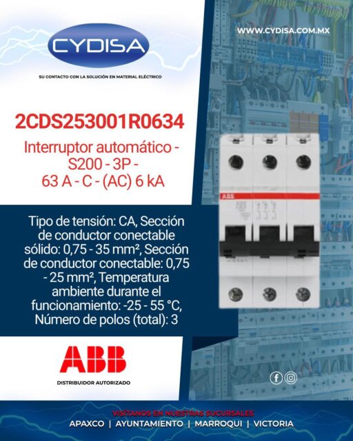Interruptor automático S203-C63 de ABB.

Interruptor termomagnético, tripolar, diseñado para la protección contra sobrecargas y cortocircuitos en instalaciones eléctricas residenciales e industriales, compatible con riel DIN, corriente nominal de 63 A.

¡Disponible en Cydisa!

📍Apaxco
WhatsApp 5570110666 | 5561336880
https://maps.app.goo.gl/AhgGQNV8xceGWWCq7

📍Ayuntamiento
WhatsApp 5560674009
https://maps.app.goo.gl/fcMwWfqeYs9vZf9g7

📍Marroqui
WhatsApp 5569610097 | 5620936028 | 5578845557 | 5643542602
https://maps.app.goo.gl/v7PprT41EnBp2sgr8

📍Victoria
WhatsApp 5569620781 | 5563585987 | 5530733850 | 5652049899
https://maps.app.goo.gl/SLubEGBhqHqZ6swZ6

#abb #abbmexico #materialelectrico #interruptorautomático #interruptorautomáticoabb