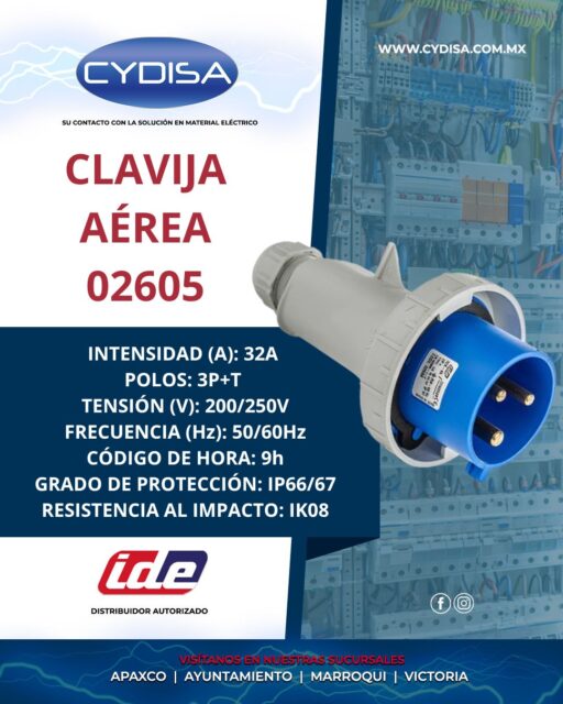 Clavija aérea IP66/67, 02605 de IDE.

Intensidad: 32A, polos: 3P+T, tensión (V): 200/250V, frecuencia (Hz): 50/60Hz, código hora: 9h, grado de protección: IP66/67, resistencia al impacto: IK08.

¡En Cydisa somos distribuidores autorizados!

📍Apaxco
WhatsApp 5570110666 | 5561336880

📍Ayuntamiento
WhatsApp 5560674009

📍Marroqui
WhatsApp 5569610097 | 5620936028 | 5578845557 | 5643542602

📍Victoria
WhatsApp 5569620781 | 5563585987 | 5530733850 | 5652049899

#ide #idemexico #materialelectrico #clavijaaerea #clavijaaéreaide
