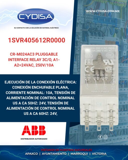 Relé electromagnético miniatura  CR-M024AC3 de ABB.

Enchufable, diseñado para control industrial, alta corriente de conmutación de 10A, bobina de control 24 CA.

¡Encuéntralo en nuestra tienda en línea y en sucursales!

📍Apaxco
WhatsApp 5570110666 | 5561336880

📍Ayuntamiento
WhatsApp 5560674009

📍Marroqui
WhatsApp 5569610097 | 5620936028 | 5578845557 | 5643542602

📍Victoria
WhatsApp 5569620781 | 5563585987 | 5530733850 | 5652049899

#abb #abbmexico #materialelectrico #releelectromagnetico #releelectromagneticoabb