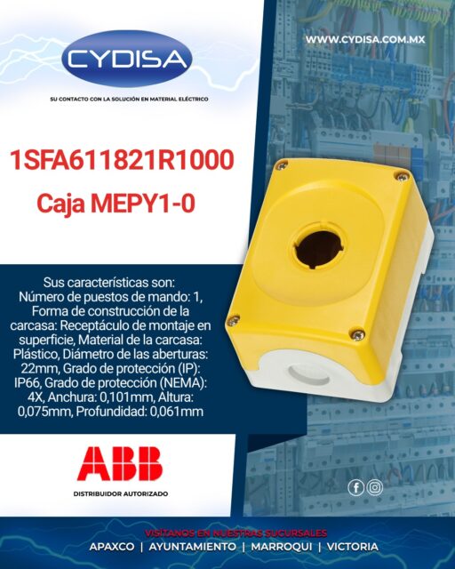 Caja para botonera de control industrial MEPY1-0 de ABB.

Diseñada para albergar un dispositivo de mando o señalización de 22 mm, alta protección contra entornos exigentes, grado de protección: IP66, norma NEMA 4X/13, dimensiones: 101x75x 61 mm.

¡Encuéntralo en linea y en nuestras sucursales!

📍Apaxco
WhatsApp 5570110666 | 5561336880

📍Ayuntamiento
WhatsApp 5560674009

📍Marroqui
WhatsApp 5569610097 | 5620936028 | 5578845557 | 5643542602

📍Victoria
WhatsApp 5569620781 | 5563585987 | 5530733850 | 5652049899

#abb #abbmexico #materialelectrico #cajabotonera #cajabotoneraabb