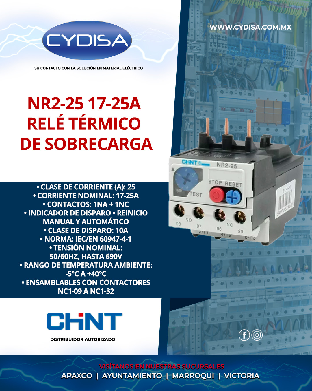 Relé térmico de sobrecarga NR2-25 17-25A de Chint.

Clase de corriente 25A, corriente nominal: 17-25A, contactos 1NA + 1NC, indicador de disparo, reinicio manual y automático, clase de disparo 10A, norma: IEC/EN 60947-4-1, tensión nominal: 50/60HZ, hasta 690V, rango de temperatura ambiente: -5°C a +40°C, ensamblables con contactores NC1-09 a NC1-32 para obtener un guardamotor.

¡Disponible en Cydisa!

📍Apaxco
WhatsApp 5570110666 | 5561336880

📍Ayuntamiento
WhatsApp 5560674009

📍Marroqui
WhatsApp 5569610097 | 5620936028 | 5578845557 | 5643542602

📍Victoria
WhatsApp 5569620781 | 5563585987 | 5530733850 | 5652049899

#chint #chintmexico #materialelectrico #reledesobrecargatermica #reledesobrecargatermicachint