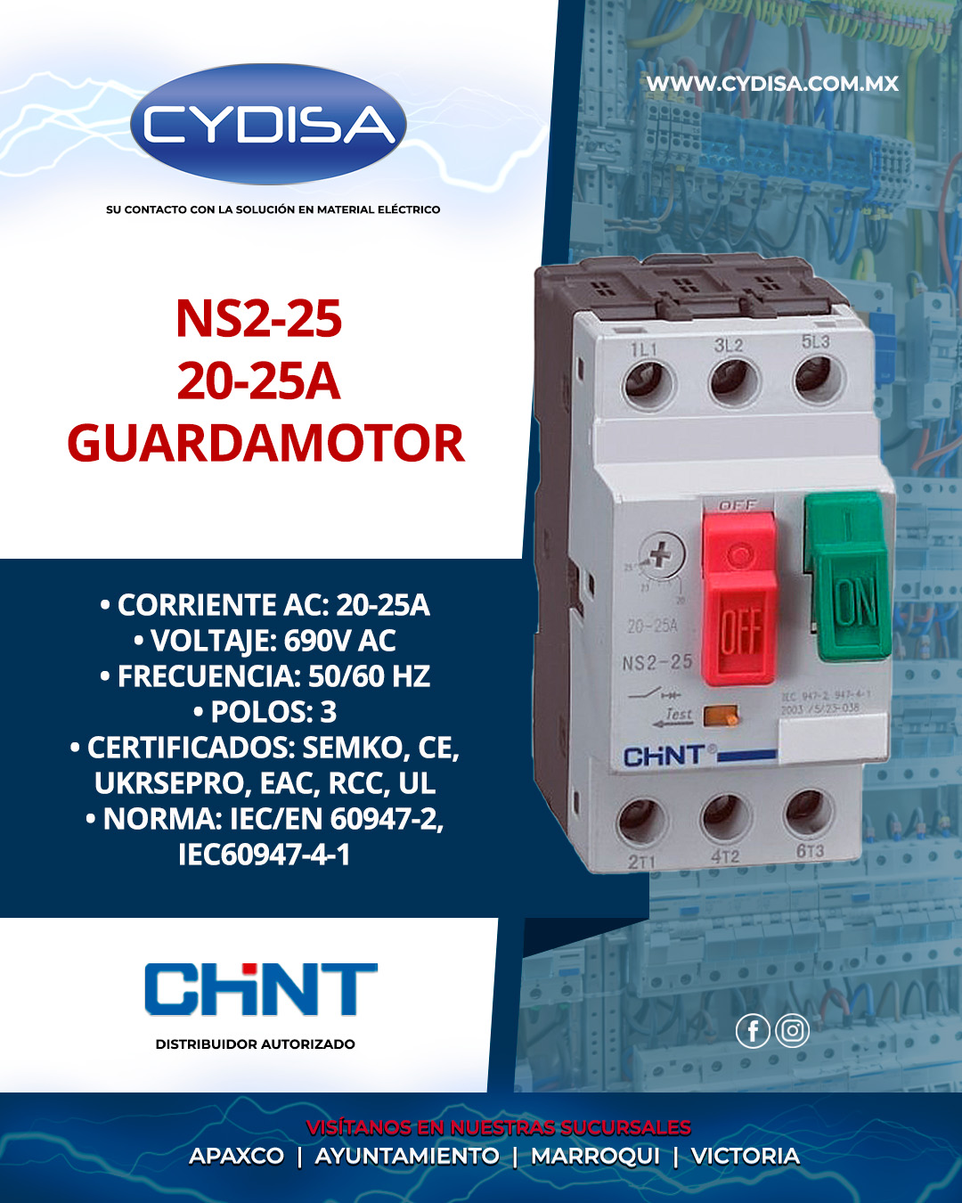 Guardamotor NS2-25 20-25A de Chint.

Corriente AC: 20-25A, voltaje: 690V AC, frecuencia: 50/60 HZ, polos: 3, certificados: SEMKO, CE, UKRSEPRO, EAC, RCC, UL, norma: IEC/EN 60947-2, IEC60947-4-1

¡Encuéntralo en nuestras cuatro sucursales!

📍Apaxco
WhatsApp 5570110666 | 5561336880

📍Ayuntamiento
WhatsApp 5560674009

📍Marroqui
WhatsApp 5569610097 | 5620936028 | 5578845557 | 5643542602

📍Victoria
WhatsApp 5569620781 | 5563585987 | 5530733850 | 5652049899

#chint #chintmexico #materialelectrico #guardamotor #guardamotorchint