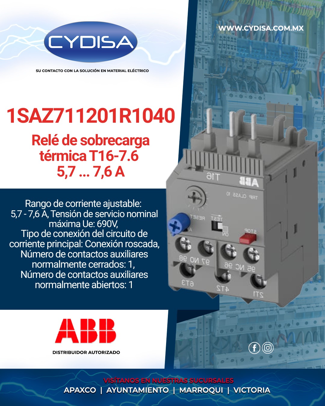 Relé de sobrecarga térmica T16-7.6 de ABB.

Diseñado para proteger motores eléctricos contra sobrecargas y fallas de fase, rango de corriente ajustable 5.7-7.6A, tensión máxima de servicio 690V AC, clase de disparo 10, contactos auxiliares: 1 NC y 1 NA, conexión terminales de tornillo, temperatura de operación: -25C a +60C, funciones de reinicio (reset) manual y automático.

¡Disponible en Cydisa!

📍Apaxco
WhatsApp 5570110666 | 5561336880

📍Ayuntamiento
WhatsApp 5560674009

📍Marroqui
WhatsApp 5569610097 | 5620936028 | 5578845557 | 5643542602

📍Victoria
WhatsApp 5569620781 | 5563585987 | 5530733850 | 5652049899

#abb #abbmexico #materialelectrico #reledesobrecargatermica #reledesobrecargatermicaabb