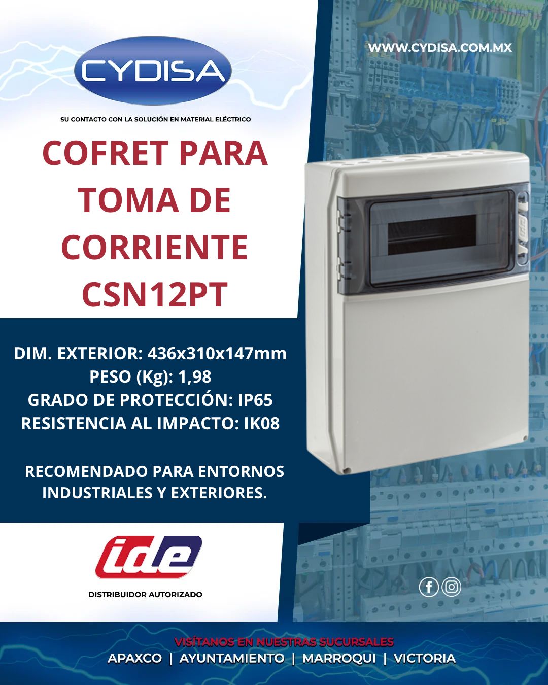 Cofret para toma de corriente CSN12PT de IDE.

Dimensiones exteriores 436x310x147 mm, número de módulos: 1x12 raíl DIN, instalación superficial, color RAL 7035, ventana transparente, peso 1.98 kg, grado de protección IP65 y resistencia al impacto IK08.

¡Encuentra esta familia de dispositivos en Cydisa!

📍Apaxco
WhatsApp 5570110666 | 5561336880

📍Ayuntamiento
WhatsApp 5560674009

📍Marroqui
WhatsApp 5569610097 | 5620936028 | 5578845557 | 5643542602

📍Victoria
WhatsApp 5569620781 | 5563585987 | 5530733850 | 5652049899

#ide #idemexico #materialelectrico #cajaededistribución #cajadedistribuciónide
