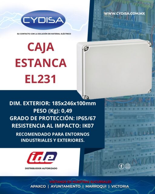 Caja estanca de derivación IP65-IP67, EL231 de IDE.

Dimensiones exteriores 185x246x100 mm, instalación superficial, ventana opaca, peso 0.49 kg, grado de protección IP65-IP67, resistencia al impacto IK07.

¡Pregunta a tu vendedor por la mejor opción para tu proyecto!

📍Apaxco
WhatsApp 5570110666 | 5561336880

📍Ayuntamiento
WhatsApp 5560674009

📍Marroqui
WhatsApp 5569610097 | 5620936028 | 5578845557 | 5643542602

📍Victoria
WhatsApp 5569620781 | 5563585987 | 5530733850 | 5652049899

#ide #idemexico #materialelectrico #cajadederivación #cajaestanca