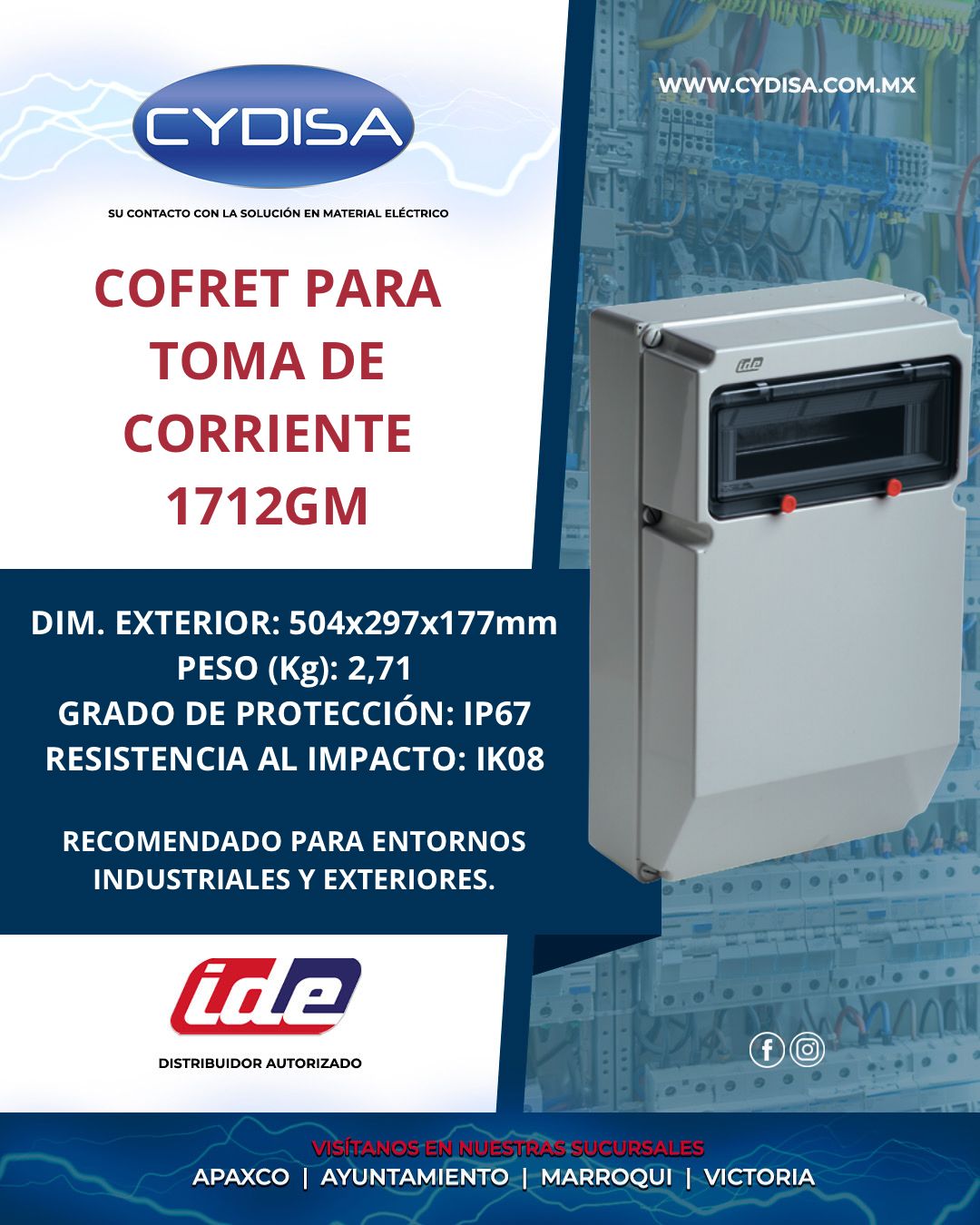 Cofret para toma de corriente 1712GM de IDE.

Dimensiones exteriores 504x297x177 mm, número de módulos: 1x13 raíl DIN, instalación superficial, color RAL 7035, ventana transparente, peso 2.71 kg, grado de protección IP67 y resistencia al impacto IK08.

¡En Cydisa somos distribuidores autorizados!

📍Apaxco
WhatsApp 5570110666 | 5561336880

📍Ayuntamiento
WhatsApp 5560674009

📍Marroqui
WhatsApp 5569610097 | 5620936028 | 5578845557 | 5643542602

📍Victoria
WhatsApp 5569620781 | 5563585987 | 5530733850 | 5652049899

#ide #idemexico #materialelectrico #cajaededistribución #cajadedistribuciónide