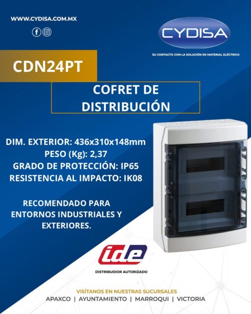 Cofret de distribución CDN24PT de IDE.

Dimensiones exteriores 436x310x148 mm, número de módulos: 2x12 (24) raíl DIN, instalación superficial, color RAL 7035, ventana transparente, peso 2.37 kg, grado de protección IP65 y resistencia al impacto IK08.

¡Encuentra esta familia de dispositivos en Cydisa!

📍Apaxco
WhatsApp 5570110666 | 5561336880

📍Ayuntamiento
WhatsApp 5560674009

📍Marroqui
WhatsApp 5569610097 | 5620936028 | 5578845557 | 5643542602

📍Victoria
WhatsApp 5569620781 | 5563585987 | 5530733850 | 5652049899

#ide #idemexico #materialelectrico #cajaededistribución #cajadedistribuciónide