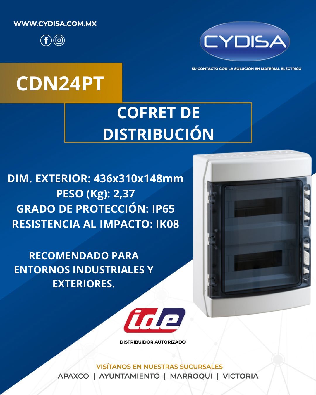 Cofret de distribución CDN24PT de IDE.

Dimensiones exteriores 436x310x148 mm, número de módulos: 2x12 (24) raíl DIN, instalación superficial, color RAL 7035, ventana transparente, peso 2.37 kg, grado de protección IP65 y resistencia al impacto IK08.

¡Encuentra esta familia de dispositivos en Cydisa!

📍Apaxco
WhatsApp 5570110666 | 5561336880

📍Ayuntamiento
WhatsApp 5560674009

📍Marroqui
WhatsApp 5569610097 | 5620936028 | 5578845557 | 5643542602

📍Victoria
WhatsApp 5569620781 | 5563585987 | 5530733850 | 5652049899

#ide #idemexico #materialelectrico #cajaededistribución #cajadedistribuciónide