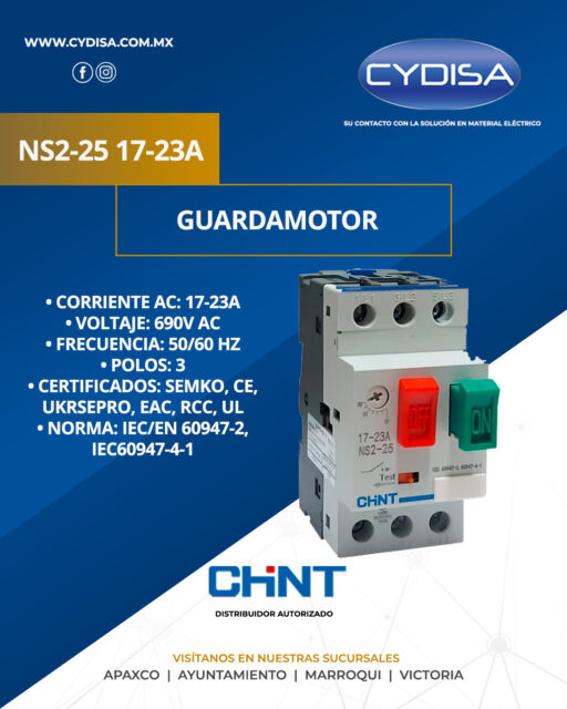 Guardamotor NS2-25 17-23A de Chint.

Corriente AC: 17-23A, voltaje: 690V AC, frecuencia: 50/60 HZ, polos: 3, certificados: SEMKO, CE, UKRSEPRO, EAC, RCC, UL, norma: IEC/EN 60947-2, IEC60947-4-1

¡Encuéntralo en nuestras cuatro sucursales!

📍Apaxco
WhatsApp 5570110666 | 5561336880

📍Ayuntamiento
WhatsApp 5560674009

📍Marroqui
WhatsApp 5569610097 | 5620936028 | 5578845557 | 5643542602

📍Victoria
WhatsApp 5569620781 | 5563585987 | 5530733850 | 5652049899

#chint #chintmexico #materialelectrico #guardamotor #guardamotorchint