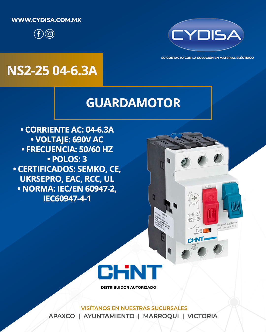 Guardamotor NS2-25 04-6.3A de Chint.

Corriente AC: 04-6.3A, voltaje: 690V AC, frecuencia: 50/60 HZ, polos: 3, certificados: SEMKO, CE, UKRSEPRO, EAC, RCC, UL, norma: IEC/EN 60947-2, IEC60947-4-1

¡Pregunta a tu vendedor en nuestras cuatro sucursales!

📍Apaxco
WhatsApp 5570110666 | 5561336880

📍Ayuntamiento
WhatsApp 5560674009

📍Marroqui
WhatsApp 5569610097 | 5620936028 | 5578845557 | 5643542602

📍Victoria
WhatsApp 5569620781 | 5563585987 | 5530733850 | 5652049899

#chint #chintmexico #materialelectrico #guardamotor #guardamotorchint