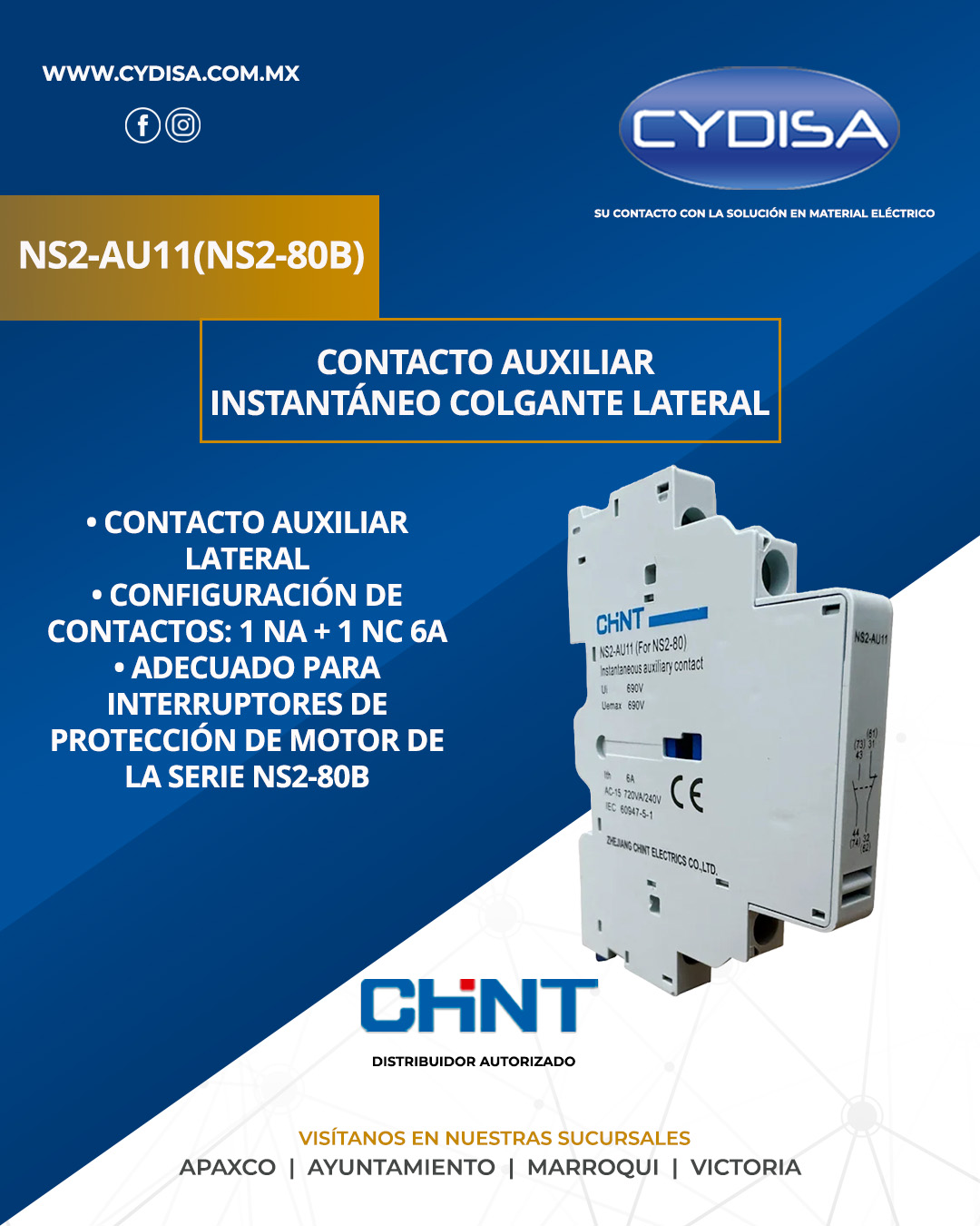 Contacto auxiliar instantáneo colgante lateral NS2-AU11 (NS2-80B) de Chint.

Contacto auxiliar lateral, configuración de contactos: 1 NA + 1 NC, 6A, adecuado para  interruptores de protección de motor de la serie NS2-80B.

¡Disponible en Cydisa!

📍Apaxco
WhatsApp 5570110666 | 5561336880

📍Ayuntamiento
WhatsApp 5560674009

📍Marroqui
WhatsApp 5569610097 | 5620936028 | 5578845557 | 5643542602

📍Victoria
WhatsApp 5569620781 | 5563585987 | 5530733850 | 5652049899

#chint #chintmexico #materialelectrico #contactoauxiliarlateral #contactoauxiliarlateralchint