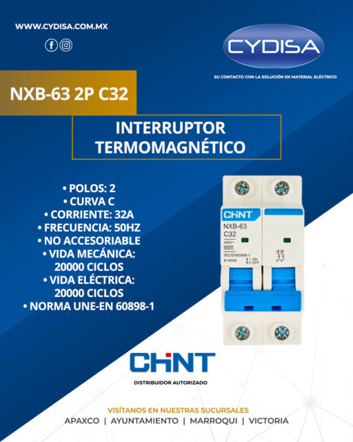 Interruptor termomagnético NXB-63 2P C32 de Chint.

Polos 2, curva C, corriente 32A, frecuencia 50HZ, no accesoriable, vida mecánica 20000 ciclos, vida eléctrica 20000 ciclos, norma UNE-EN 60898-1

¡Disponible en nuestras cuatro sucursales!

📍Apaxco
WhatsApp 5570110666 | 5561336880

📍Ayuntamiento
WhatsApp 5560674009

📍Marroqui
WhatsApp 5569610097 | 5620936028 | 5578845557 | 5643542602

📍Victoria
WhatsApp 5569620781 | 5563585987 | 5530733850 | 5652049899

#chint #chintmexico #materialelectrico #interruptortermomagnético #interruptortermomagnéticochint