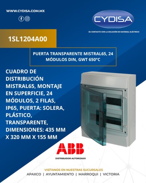 Gabinete de distribución MISTRAL65 de ABB.

Para uso en interiores y exteriores, capacidad 24 módulos DIN distribuidos en 2 filas (12 módulos por fila), grado de protección IP65, puerta transparente con apertura de 180°, dimensiones: 435 x 320 x 155 mm.

¡En Cydisa somos distribuidores autorizados!

📍Apaxco
WhatsApp 5570110666 | 5561336880

📍Ayuntamiento
WhatsApp 5560674009

📍Marroqui
WhatsApp 5569610097 | 5620936028 | 5578845557 | 5643542602

📍Victoria
WhatsApp 5569620781 | 5563585987 | 5530733850 | 5652049899

#abb #abbmexico #materialelectrico #gabinetededistribucion #gabinetededistribucionabb