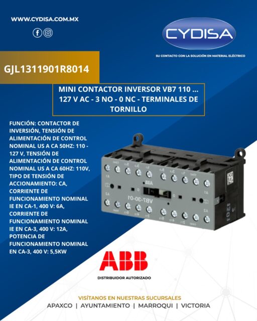 Minicontactor de inversión VB7-30-01 de ABB. 

Para control y conmutación de motores, potencia nominal hasta 5.5 kW, intensidad de operación 20 A, configuración de polos: 3 polos principales y un contacto auxiliar 1 NC, tensión de bobina 110-127 V AC, frecuencia de la bobina 40 a 450 Hz, enclavamiento mecánico incorporado de fábrica para evitar cortocircuitos entre contactores.

¡En Cydisa somos distribuidores autorizados!

📍Apaxco
WhatsApp 5570110666 | 5561336880

📍Ayuntamiento
WhatsApp 5560674009

📍Marroqui
WhatsApp 5569610097 | 5620936028 | 5578845557 | 5643542602

📍Victoria
WhatsApp 5569620781 | 5563585987 | 5530733850 | 5652049899

#abb #abbmexico #materialelectrico #contactorabb #contactor