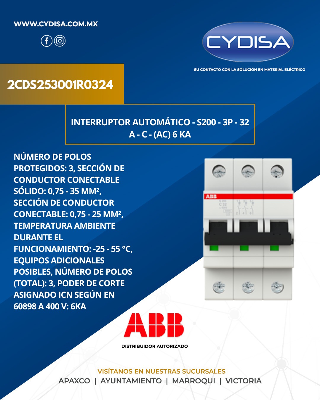 Interruptor automático modelo S203-C32 de ABB.

Perteneciente a la serie System pro M Compact, polos 3, intensidad nominal 32 A, curva C, poder de corte 6 kA a 230/400 V CA, tensión de trabajo nominal 230/400 V C.

¡Disponible en Cydisa!

📍Apaxco
WhatsApp 5570110666 | 5561336880

📍Ayuntamiento
WhatsApp 5560674009

📍Marroqui
WhatsApp 5569610097 | 5620936028 | 5578845557 | 5643542602

📍Victoria
WhatsApp 5569620781 | 5563585987 | 5530733850 | 5652049899

#abb #abbmexico #materialelectrico #interruptorautomático #interruptorautomáticoabb