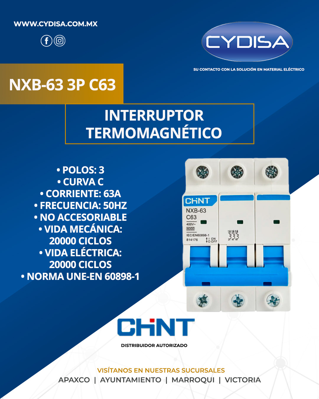 Interruptor termomagnético NXB-63 3P C63 de Chint.

Polos 3, curva C, corriente 63A, frecuencia 50HZ, no accesoriable, vida mecánica 20000 ciclos, vida eléctrica 20000 ciclos, norma UNE-EN 60898-1

¡Encuéntralo en Cydisa!

📍Apaxco
WhatsApp 5570110666 | 5561336880

📍Ayuntamiento
WhatsApp 5560674009

📍Marroqui
WhatsApp 5569610097 | 5620936028 | 5578845557 | 5643542602

📍Victoria
WhatsApp 5569620781 | 5563585987 | 5530733850 | 5652049899

#chint #chintmexico #materialelectrico #interruptortermomagnético #interruptortermomagnéticochint