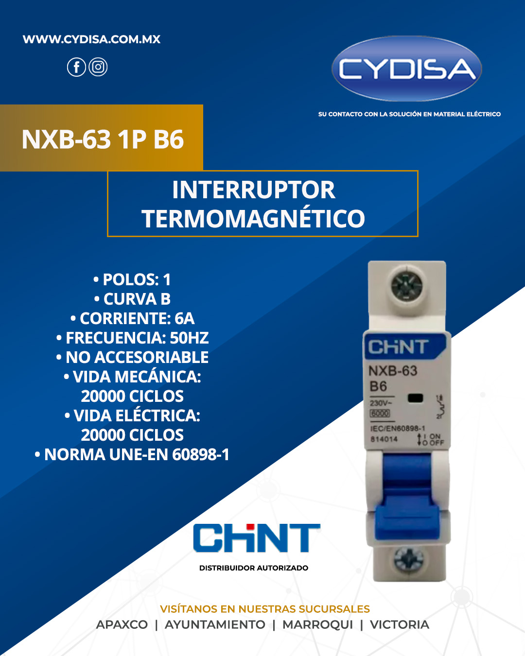 Interruptor termomagnético NXB-63 1P B6 de Chint.

Polos 1, curva B, corriente 6A, frecuencia 50HZ, no accesoriable, vida mecánica 20000 ciclos, vida eléctrica 20000 ciclos, norma UNE-EN 60898-1

¡Disponible en nuestras cuatro sucursales!

📍Apaxco
WhatsApp 5570110666 | 5561336880

📍Ayuntamiento
WhatsApp 5560674009

📍Marroqui
WhatsApp 5569610097 | 5620936028 | 5578845557 | 5643542602

📍Victoria
WhatsApp 5569620781 | 5563585987 | 5530733850 | 5652049899

#chint #chintmexico #materialelectrico #interruptortermomagnético #interruptortermomagnéticochint