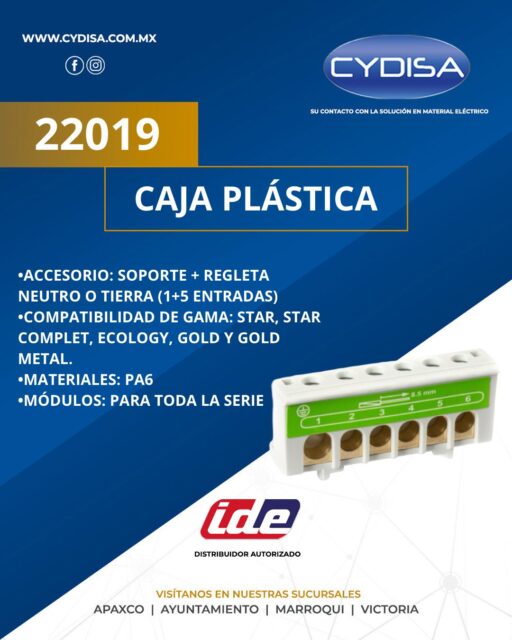 Caja plástica 22019 de IDE.

Accesorio: soporte + regleta neutro o tierra (1+5 entradas), compatibilidad de gama; Star, Star Complet, Ecology, Gold y Gold Metal, materiales: PA6, módulos: para toda la serie.

¡Disponible en Cydisa!

📍Apaxco
WhatsApp 5570110666 | 5561336880

📍Ayuntamiento
WhatsApp 5560674009

📍Marroqui
WhatsApp 5569610097 | 5620936028 | 5578845557 | 5643542602

📍Victoria
WhatsApp 5569620781 | 5563585987 | 5530733850 | 5652049899

#ide #idemexico #materialelectrico #soporteyregleta #soporteyregletaide