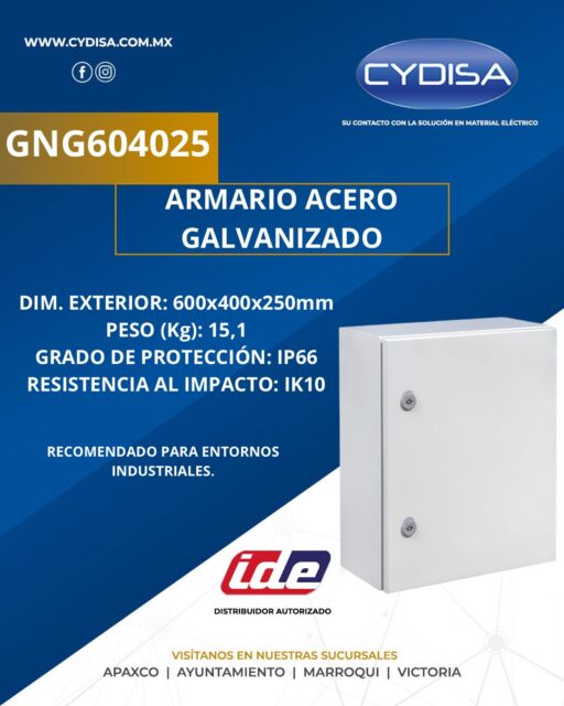 Armario acero galvanizado, GNG604025 de IDE.

Dimensiones exteriores 600X400X250 mm, instalación superficial, puerta opaca, cierre triangular, peso 15.1 kg, grado de protección IP66 y resistencia al impacto IK10.

¡Disponible en nuestras cuatro sucursales!

📍Apaxco
WhatsApp 5570110666 | 5561336880

📍Ayuntamiento
WhatsApp 5560674009

📍Marroqui
WhatsApp 5569610097 | 5620936028 | 5578845557 | 5643542602

📍Victoria
WhatsApp 5569620781 | 5563585987 | 5530733850 | 5652049899

#ide #idemexico #materialelectrico #armariomuralabs #armariomuralabside