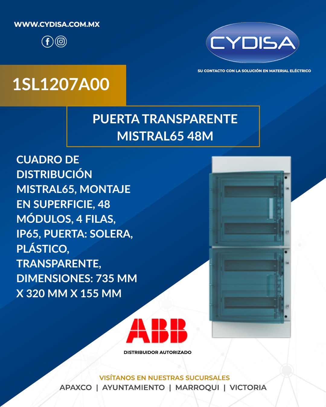 Gabinete Mistral  65P12X42 de ABB. 

Centro de carga de sobreponer, para 48 módulos (4 filas de 12 módulos) DIN, grado de protección IP65, ideal para entornos interiores y exteriores exigentes por su resistencia al polvo y humedad, fabricado en termoplástico gris, puerta transparente, dimensiones 735 x 320 x 155 mm.

¡Encuéntralo en línea y sucursales!

📍Apaxco
WhatsApp 5570110666 | 5561336880

📍Ayuntamiento
WhatsApp 5560674009

📍Marroqui
WhatsApp 5569610097 | 5620936028 | 5578845557 | 5643542602

📍Victoria
WhatsApp 5569620781 | 5563585987 | 5530733850 | 5652049899

#abb #abbmexico #materialelectrico #gabinete #gabineteabb