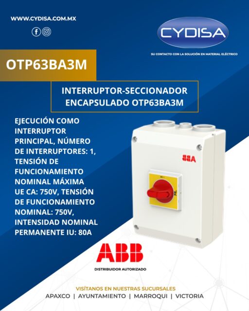 Interruptor seccionador encapsulado OTP63BA3M de ABB.

Dispositivo completo de corte y aislamiento de seguridad diseñado para soportar hasta 63 A, intensidad nominal 80 A, tensión nominal 750 V, grado de protección IP65, bloqueable con candado para evitar la operación accidental durante trabajos de mantenimiento, dimensiones 20 x 16.2  x 14.8 cm, peso 1.5 kg.

¡En Cydisa somos distribuidores autorizados!

📍Apaxco
WhatsApp 5570110666 | 5561336880

📍Ayuntamiento
WhatsApp 5560674009

📍Marroqui
WhatsApp 5569610097 | 5620936028 | 5578845557 | 5643542602

📍Victoria
WhatsApp 5569620781 | 5563585987 | 5530733850 | 565204989

#abb #abbmexico #materialelectrico #interruptorseccionador #interruptorseccionadorabb