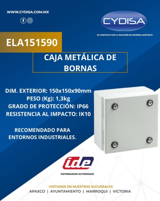 Caja metálica de bornas ELA151590 de IDE.

Dimensiones exteriores 150x150x90 mm, instalación superficial, tapa opaca, peso 1.3 kg, grado de protección IP66, resistencia al impacto IK10.

¡Pregunta a tu vendedor por la mejor opción para tu proyecto!

📍Apaxco
WhatsApp 5570110666 | 5561336880

📍Ayuntamiento
WhatsApp 5560674009

📍Marroqui
WhatsApp 5569610097 | 5620936028 | 5578845557 | 5643542602

📍Victoria
WhatsApp 5569620781 | 5563585987 | 5530733850 | 5652049899

#ide #idemexico #materialelectrico #cajametálicadebornas #cajametálicaide