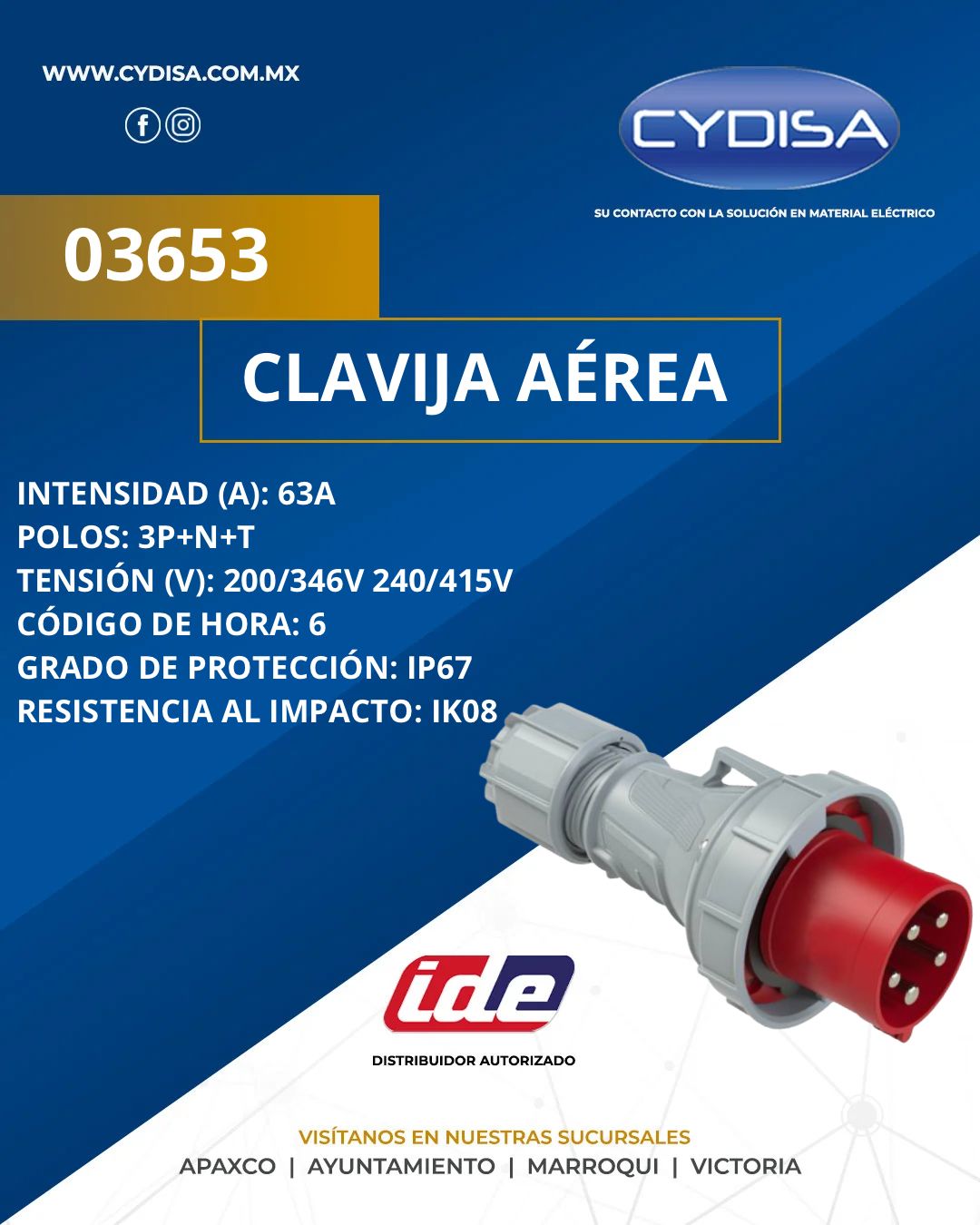 Clavija aérea IP44, 03653 de IDE.

Intensidad: 63A, polos: 3P+N+T, tensión (V): 200/346V 240/415V, frecuencia (Hz): 50/60Hz, código hora: 6h, grado de protección: IP67, resistencia al impacto: IK08.

¡Disponible en nuestras cuatro sucursales!

📍Apaxco
WhatsApp 5570110666 | 5561336880

📍Ayuntamiento
WhatsApp 5560674009

📍Marroqui
WhatsApp 5569610097 | 5620936028 | 5578845557 | 5643542602

📍Victoria
WhatsApp 5569620781 | 5563585987 | 5530733850 | 5652049899

#ide #idemexico #materialelectrico #clavijaaerea #clavijaaéreaide