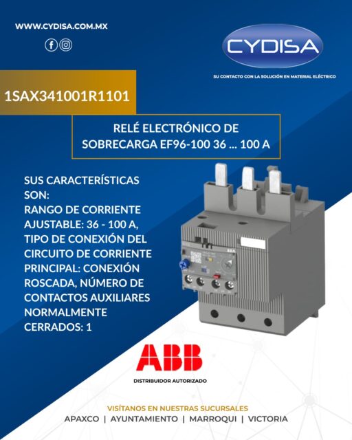 Relé electrónico de sobrecarga EF96-100 de ABB.

Rango de corriente 36 a 100 A, clase de disparo ajustable (clases 10E, 20E y 30E), contactos auxiliares 1 NC + 1 NO, tensión de contacto 600 V AC/DC, conexión terminales de tornillo, botón de prueba/paro, indicador de disparo y reinicio (reset) seleccionable entre manual o automático, dimensiones: 105.2 x 105.2 x 70 mm.

¡Encuéntralo en nuestras cuatro sucursales y en línea!

📍Apaxco
WhatsApp 5570110666 | 5561336880

📍Ayuntamiento
WhatsApp 5560674009

📍Marroqui
WhatsApp 5569610097 | 5620936028 | 5578845557 | 5643542602

📍Victoria
WhatsApp 5569620781 | 5563585987 | 5530733850 | 5652049899

#abb #abbmexico #materialelectrico #reledesobrecargaelectrónico #reledesobrecargaelectrónicoabb
